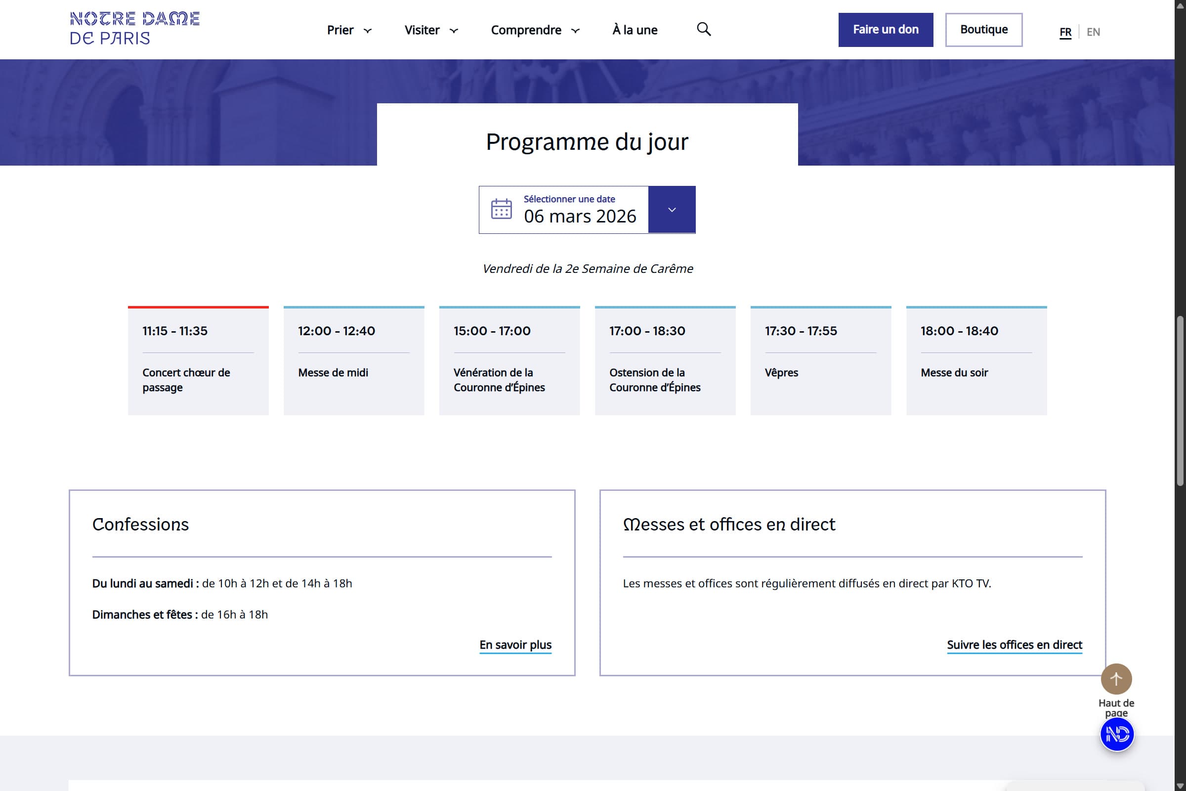 Calendrier des événements de Notre Dame de Paris
